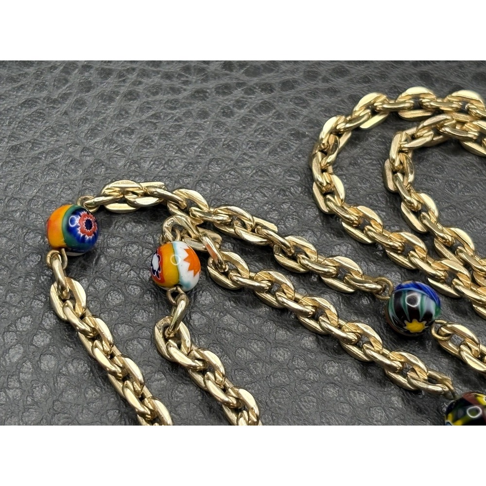 Vintage Millefiori Murano Large Pendant Necklace Gold Tone Chain 28" Long - Picture 6 of 12